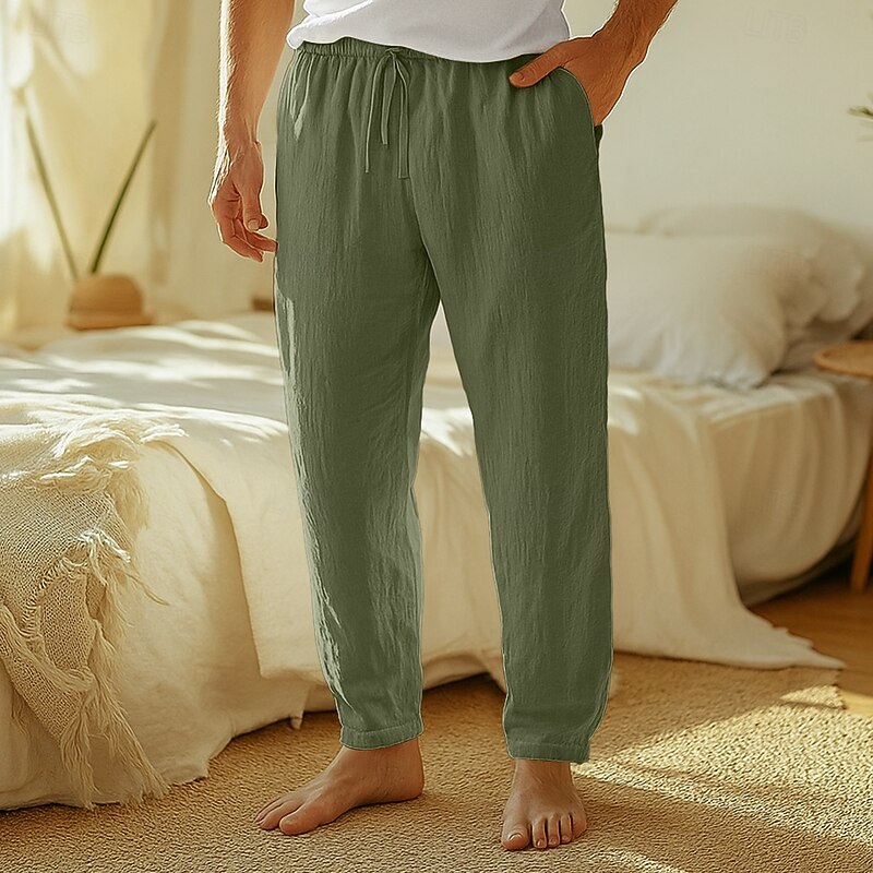 Men's Linen Pants Trousers Summer Pants Baggy Pants Beach Pants Drawstring Elastic Waist Straight Leg Plain Comfort Breathable Knee Length Casual Daily Holiday Vacation Fashion Black White Inelastic4