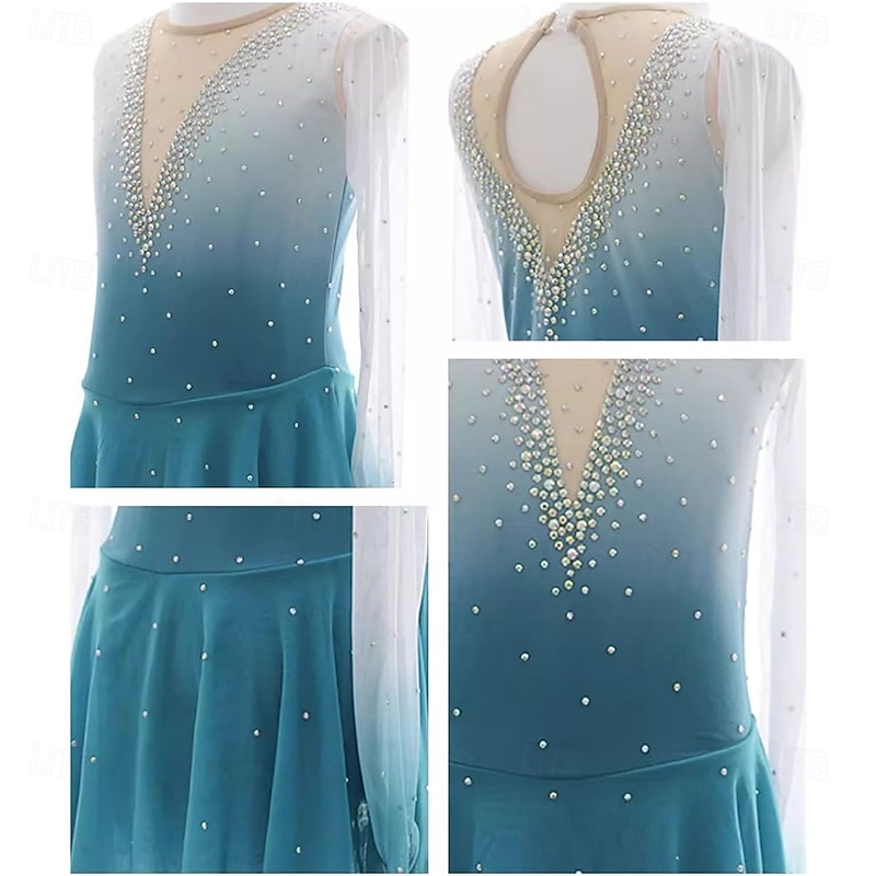 Figure Skating Dress Girls Teens Blue Gradient Ice Skating Competition Costumes Elegant Figure Skating Skirt4