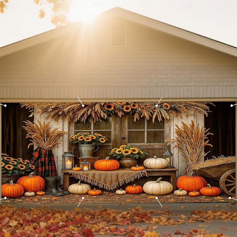 Halloween Garage Door Cover Large Hanging Backdrop Pumpkin Farm Rustic Cottagecore Dark Punk Gothic Style Party Outdoor Shooting Backgrounds Yard Haunted House Home Decor3