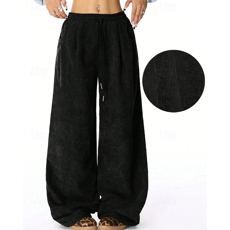 Women's Wide Leg Corduroy Pants Slacks Streetwear Casual Full Length Natural Plain Drawstring Comfortable Street Holiday Daily Wear Navy Black Green Coffee Fall Regular Fit2