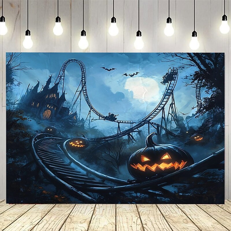 Halloween Photograph Backdrop Tapestry, Gloomy Cemetery, Pumpkin Lantern, and Full Moon Scenery Wall Hanging, Large Decorative Mural for Bedroom, Living Room, Party, and Home Decoration4