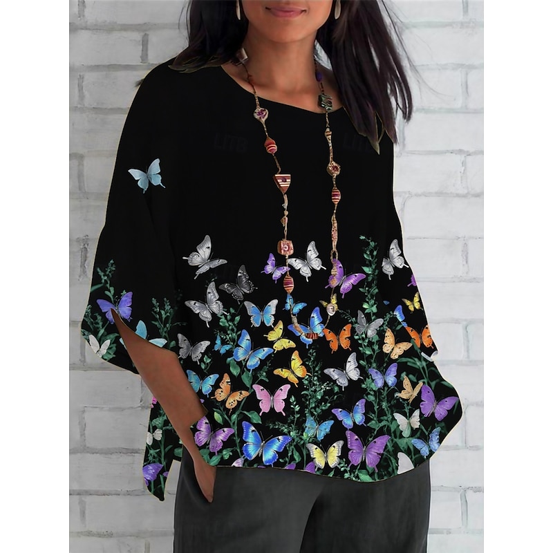 Women's Shirt Butterfly Daily Casual 3/4 Length Sleeve Crew Neck Regular Tops Daily Holiday Print Black White Summer Spring Fall3