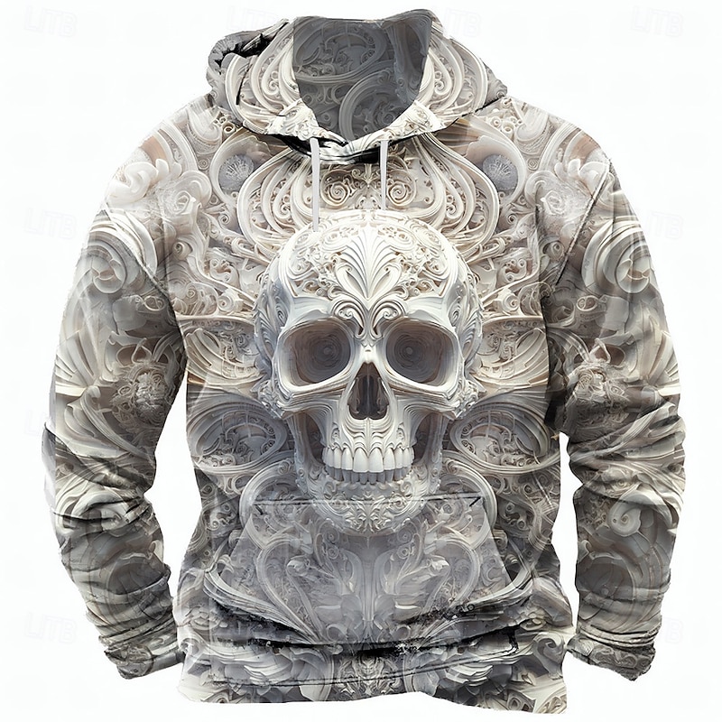 Halloween Men's Skull 3D Hoodie Sweatshirt Punk Exaggerated Long Sleeve Crew Neck Club Streetwear Yellow Blue Drawstring Fall Winter Designer