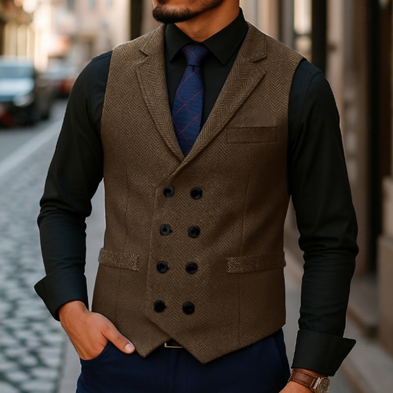 Men's Vest Tweed Vest Waistcoat Vacation Daily Wedding Party Date Vintage Fashion Spring Fall Pocket Buttons Polyester Comfortable Plain Herringbone Double Breasted Notch lapel collar Regular Fit