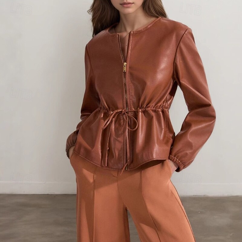 Women's Faux Leather Jacket Casual Jacket Comfortable Drawstring Zipper Fashion Plain Outdoor Street Going out Casual Daily Zipper Long Crewneck Regular Fit Long Sleeve Outerwear Brown Fall3