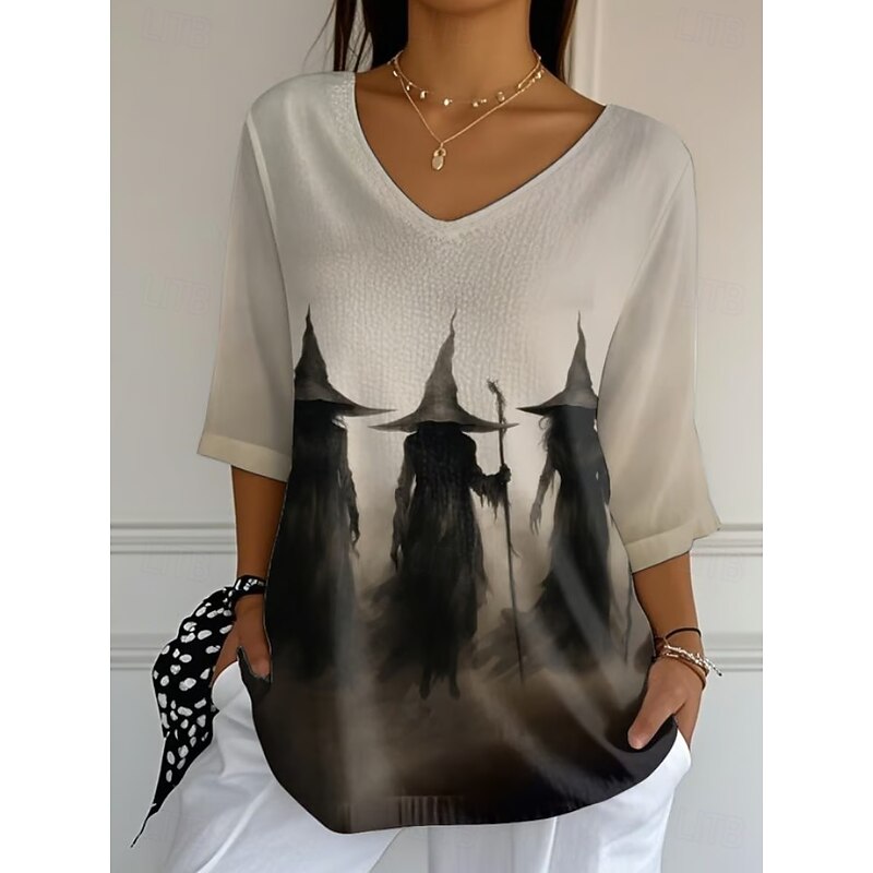 Halloween Women's Boho T-shirt Graphic Animal Cat Elegant Bohemia Vintage Half Sleeve V Neck Regular Tops Daily Going out Weekend Black Pink Purple Orange Brown Summer Spring Fall4