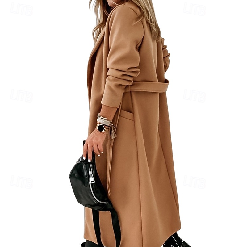 Women's Coat Warm Comfortable Pocket Fashion Plain Outdoor Weekend Single Breasted Long Turndown Regular Fit Long Sleeve Outerwear Khaki Fall Winter3
