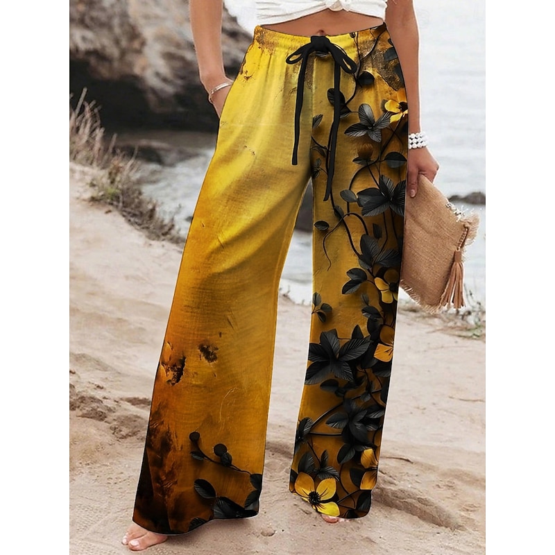 Women's Wide Leg Pants Trousers Vacation Casual Long High Waist Floral Elastic Waist Printing High Cut Breathability Soft Micro-elastic Vacation Street Daily Wear Yellow Blue Dark Green Green Spring3