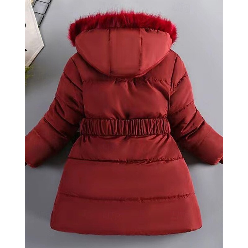 Kids Girls' Down Coat Solid Color Streetwear Fur Trim Zipper Pocket School Coat Outerwear 4-12 Years Winter Black Wine Navy Blue2