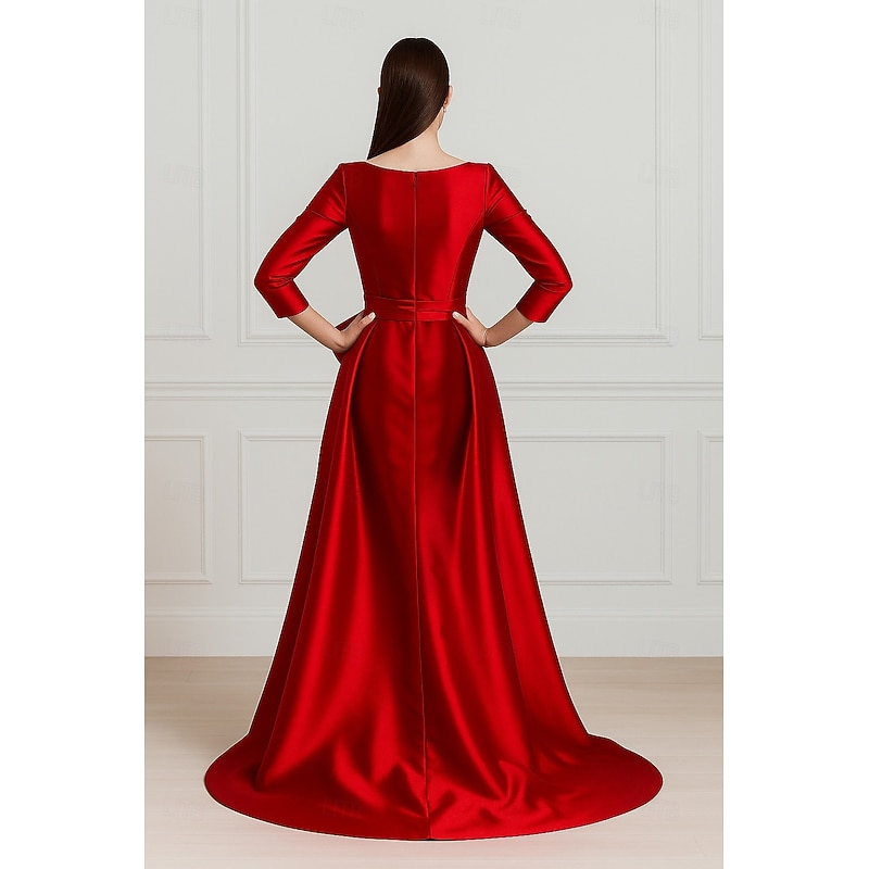 Red Black A-Line Evening Gown Elegant Dress Formal Wedding Floor Length 3/4 Length Sleeve Crew Neck Stretch Satin with Pleats2