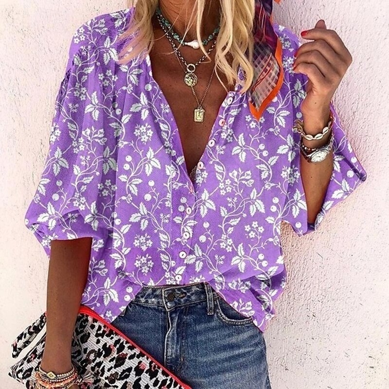 Women's Blouse Floral Graphic Vintage Daily Casual 3/4 Length Sleeve V Neck Regular Tops Daily Holiday Beach Wear Print Pink Blue Purple Green Khaki Spring Fall