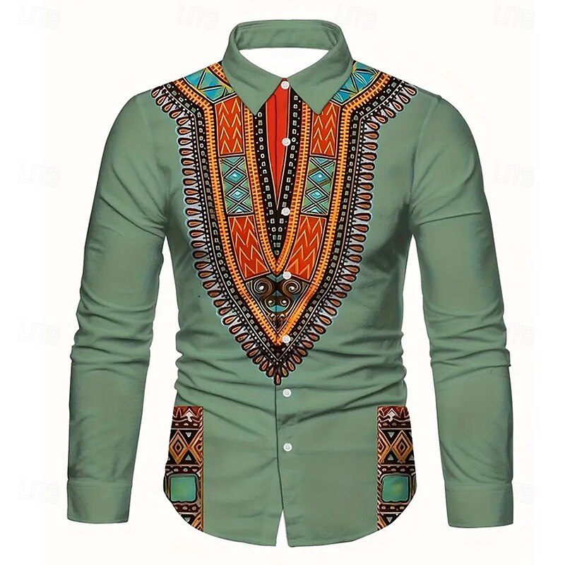 Men's Ethic / African Kente Shirt Button Up Shirt Casual Dress Shirt Long Sleeve Vintage Retro Vacation Daily Streetwear Summer Spring Turndown 3D Print Collared Shirts Green Beige
