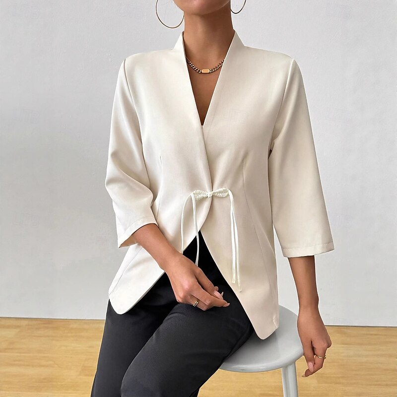 Women's Blazer Comfortable Buttons Elegant Vintage Fashion Daily Solid Color Formal Vacation Office Work Buttoned Front Regular V Neck Regular Fit 3/4 Length Sleeve Outerwear milky Spring Fall2