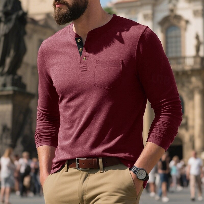 Men's Henley Shirt Tee Henley Top Long Sleeve Solid Color Plain Fashion Designer Casual Color Block Buttons Henley Outdoor Casual Daily All Seasons Black Wine Navy Blue Henley T-Shirt3