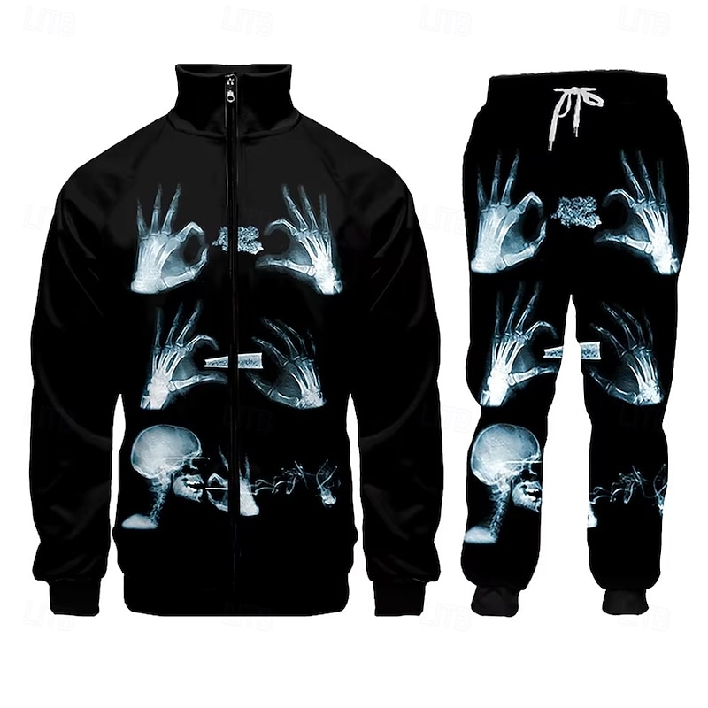 Halloween Men Cool Skulls 2pcs 3D Sweatshirt Sets Tracksuit Zip Up Sweatshirts Long Sleeve Long pants Grandad Collar Casual Daily Athleisure Daily Zipper 3D Print Spring Fall Winter Black