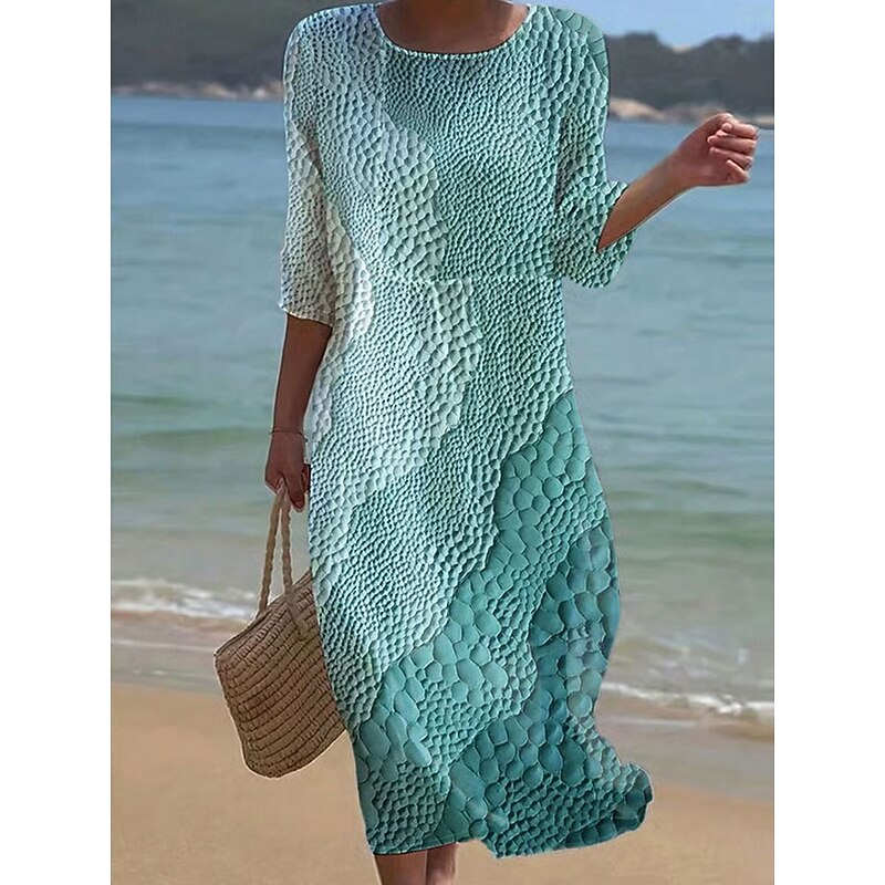 Women's Maxi Dress Kaftan 3/4 Length Sleeve Crew Neck Casual Dress A Line Dress Boho Regular Fit Graphic Geometric Abstract Pink Blue Purple Green Spring Fall