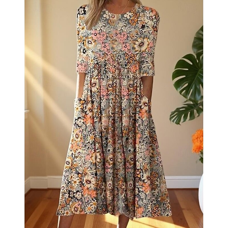 Women's Midi Dress Casual Dress Print Dress Basic Romantic Casual Vacation Daily Fall Dress Regular Fit Floral Graphic Half Sleeve Crew Neck Yellow Blue Orange Fall