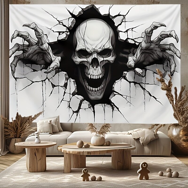 3D Skull Wall Tapestry – Horror Skeleton Breaking Through Wall Design, Gothic Halloween Decor Hanging for Bedroom or Gaming Room4
