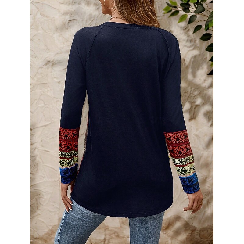 Women's T Shirt Graphic Geometric Vintage Stylish Classic Long Sleeve Crew Neck Round Neck Long Tops Daily Print Red Spring Fall3