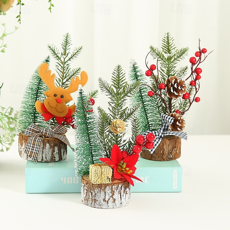 Christmas Mini Tree Tabletop Desktop Artificial Christmas Tree Xmas Decor Small Festive Decoration with Wooden Base Perfect Holiday Home Office Party Ornament