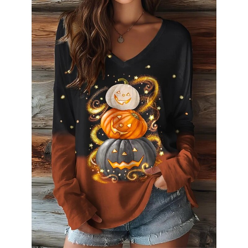 Halloween Women's T shirt Pumpkin Graphic Elegant Vintage Stylish Long Sleeve V Neck Regular Tops Daily Going out Weekend Print Black Purple Orange Brown Spring Fall