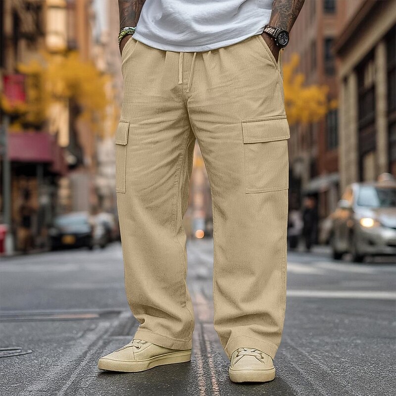 Men's Linen Pants Trousers Baggy Pants Drawstring Elastic Waist Straight Leg Plain Comfort Breathable Full Length Outdoor Casual Daily Vacation Fashion Black White Inelastic3