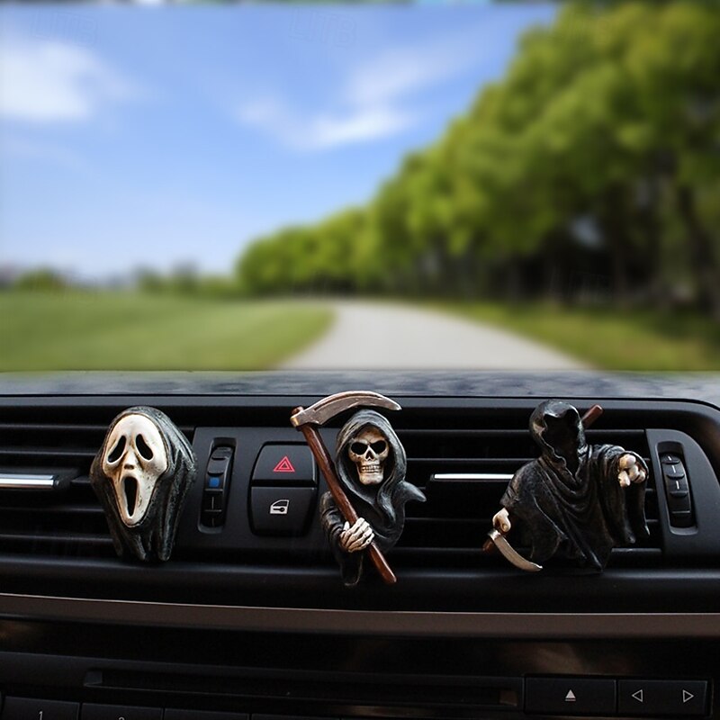 3pcs Halloween Grim Reaper Car Air Freshener Reaper Vent Clip Decoration with Long-Lasting Peach Scent, Spooky Auto Interior Ornament