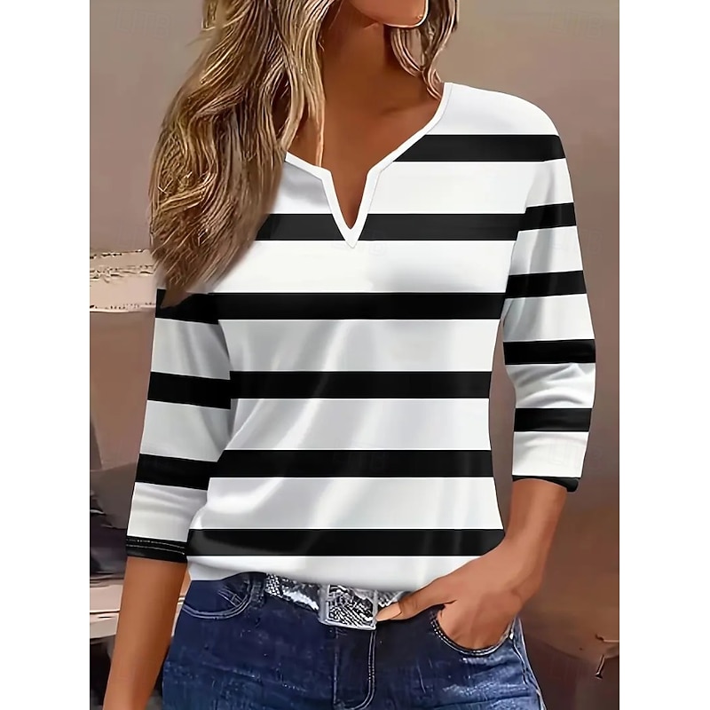 Women's T Shirt Graphic Geometric Striped Vintage Stylish Classic Long Sleeve V Neck Notched Neck Regular Tops Daily Weekend Print Black and White Dusty Blue Gray Spring Fall Winter4