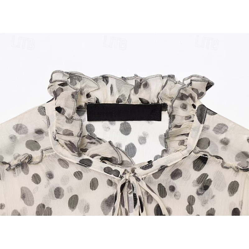 Women's Shirt Flowy Tops Polka Dot Elegant Bohemia Vintage Long Sleeve Lantern Sleeve High Neck Regular Tops Work Daily Holiday Tie Front Ruffle Beige Summer Spring3