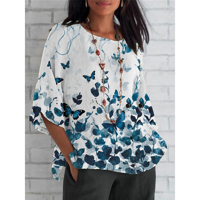 Women's Shirt Butterfly Daily Casual 3/4 Length Sleeve Crew Neck Regular Tops Daily Holiday Print Black White Summer Spring Fall