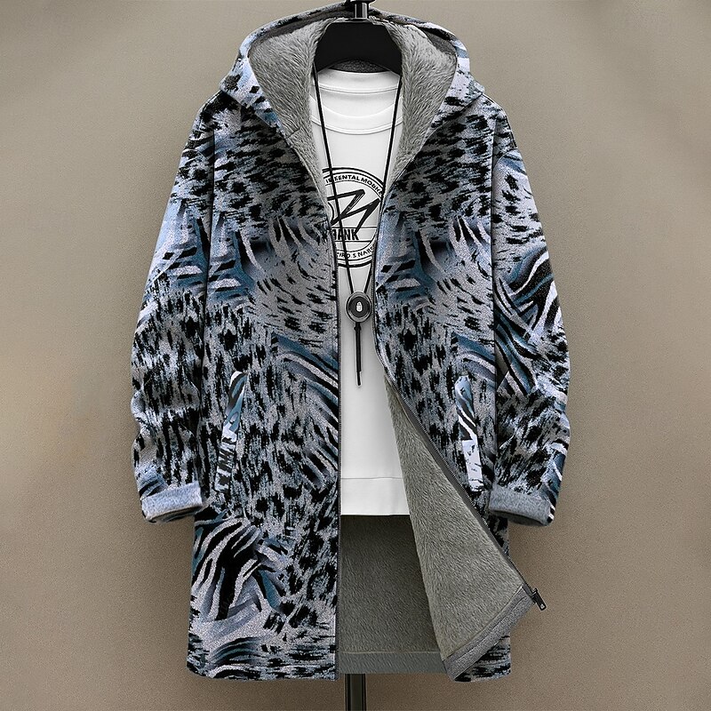 Men's Graphic Winter Coat Fleece Jacket Coat Thermal Warm Comfortable Casual Daily Wear Zipper Pocket 3D Print Fall Winter Hooded Long Sleeve Blue Brown Green