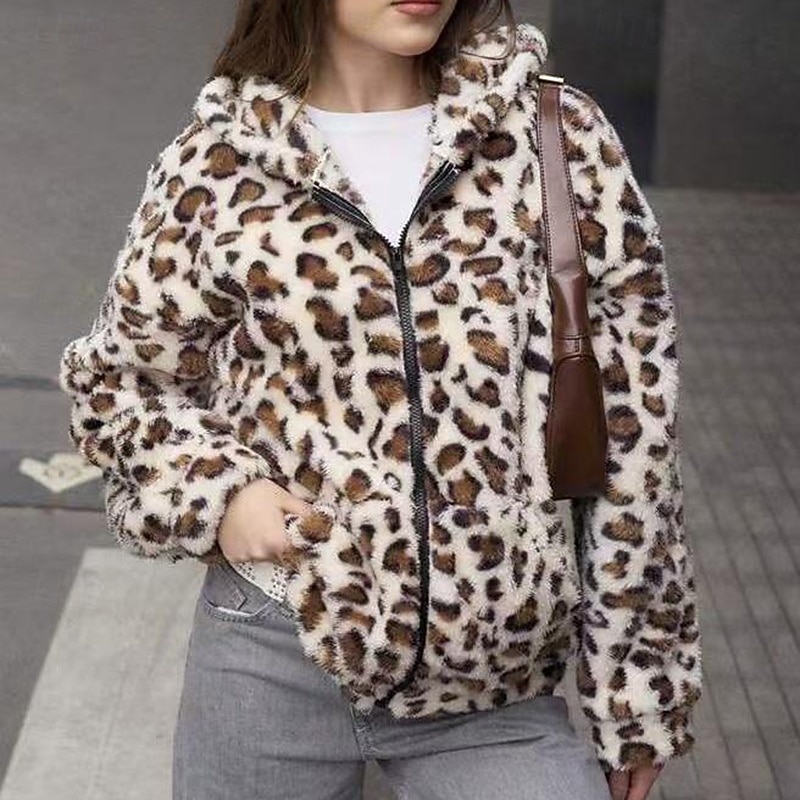 Women's Double Fuzzy Jacket Thick Warm Zip Up Long Sleeve Sports Leopard Top For Outdoor Travel Vacation Activewear