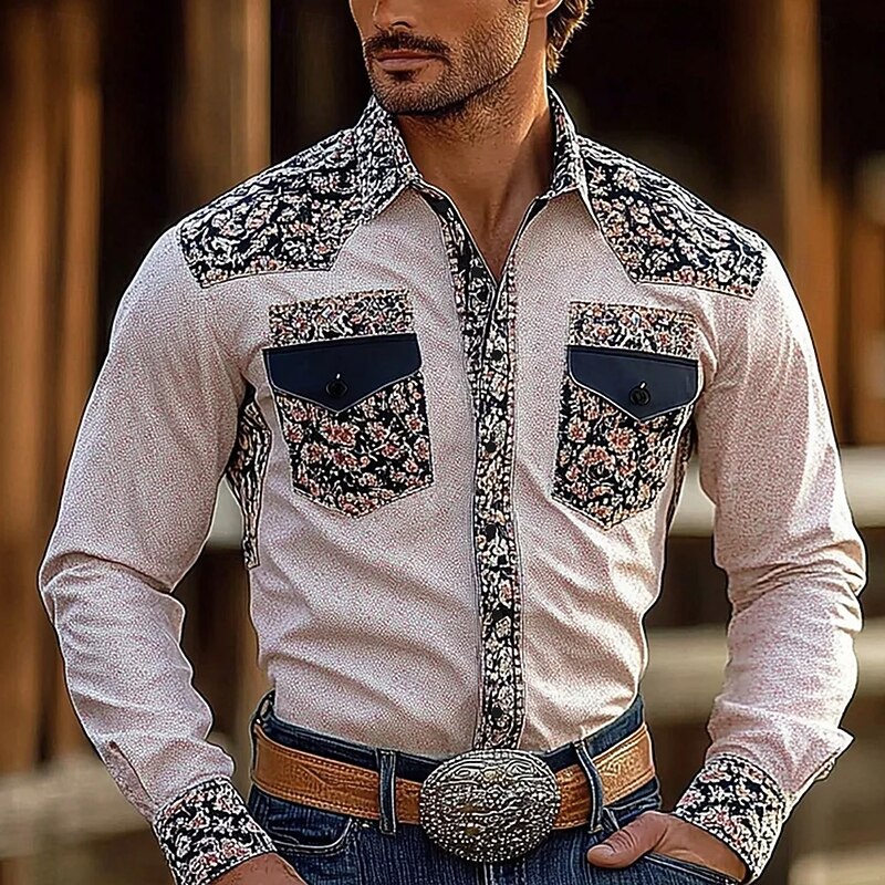Men's Floral Print Flowers Shirt Western Shirt Cowboy Shirt Long Sleeve Vintage Retro Outdoor Casual WorkWear Spring Fall Turndown Front Two Pockets Linen Like Shirt Button Up Shirts White Pink3