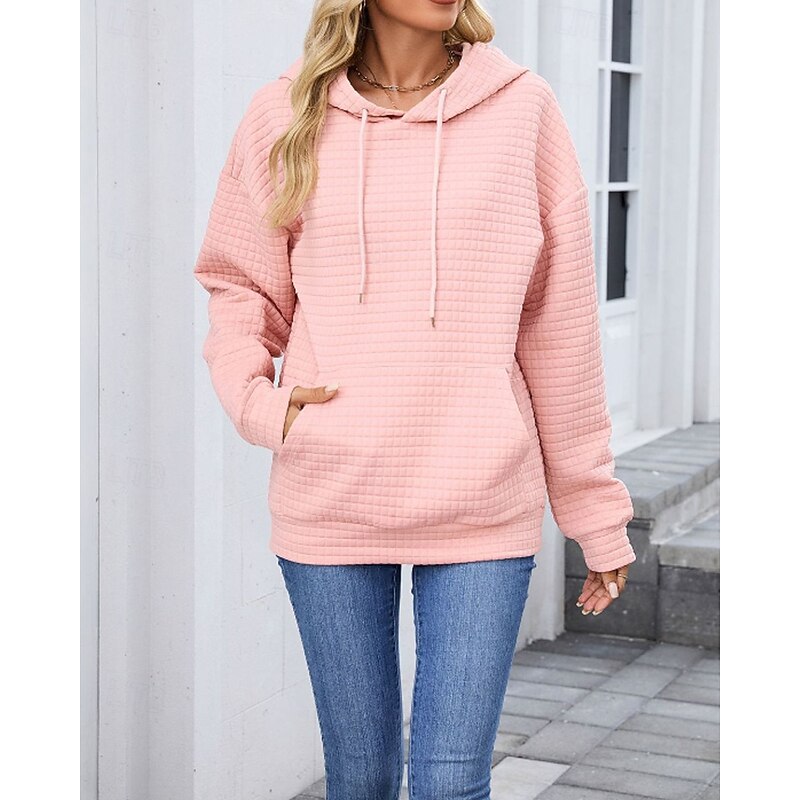 Women's Texture Blouse Pullover Hoodie Sweatshirt Plain Streetwear Casual Long Sleeve Hooded Regular Tops Street Holiday Going out Pocket Black Pink Brown Khaki Gray Fall3