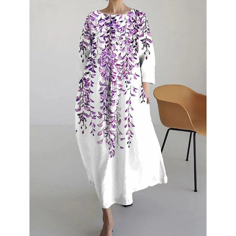 Women's Maxi Dress A Line Dress Fit And Flare Dress Party Birthday Casual Party Wedding Guest Daily Floral Graphic Long Sleeve Crew Neck White Purple Green Spring Fall Winter Autumn2
