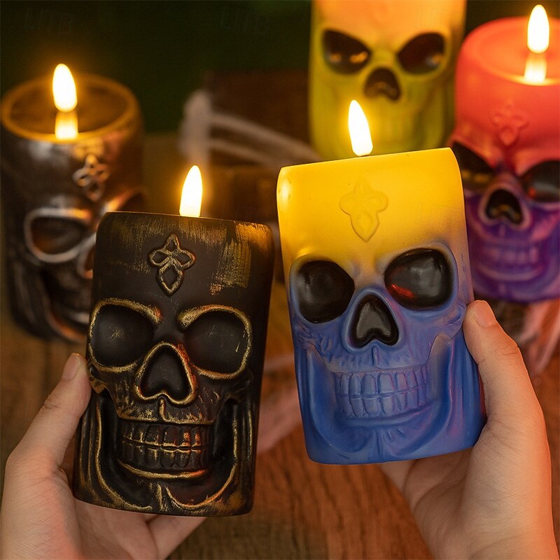 1 Pc 15.5CM * 8.8CM Halloween retro skull luminous LED electronic candle light indoor and outdoor restaurant bedroom party festive atmosphere decoration light4