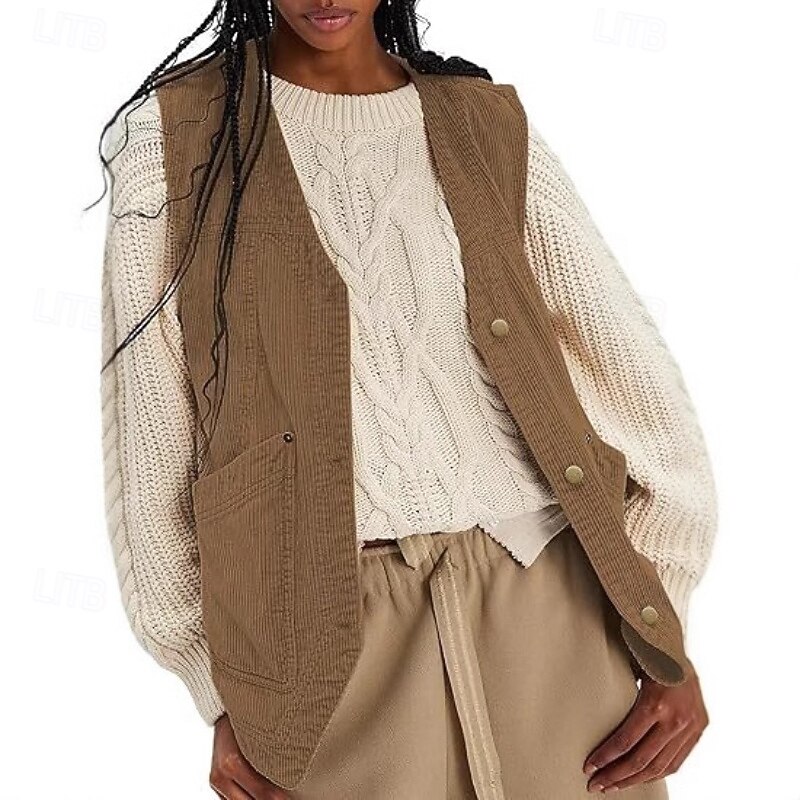 Women's Vest Comfortable Pocket Buttons Casual Plain Casual Daily Weekend Single Breasted Regular V Neck Regular Fit Sleeveless Outerwear Navy Black White Fall