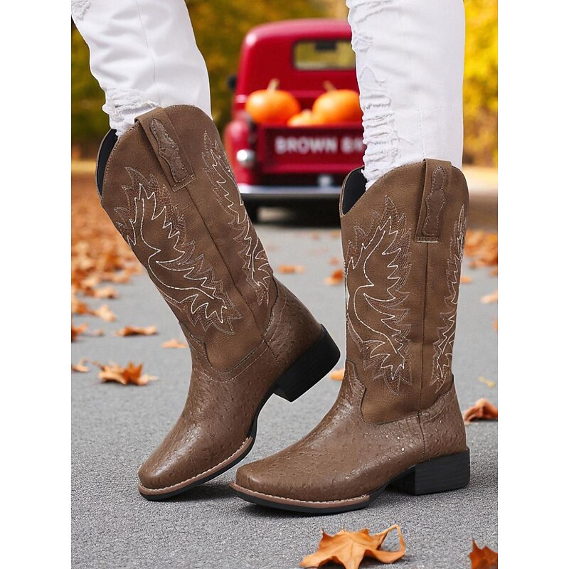 Women's Brown Embroidered Cowboy Boots – Classic Western Style Mid-Calf Boots for Fall Festivals, Farm Work and Country Concerts2