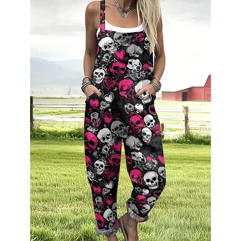 Halloween Women's Jumpsuit Active Graphic Sleeveless Sleeveless Wide Leg Pocket Buttons Vacation Street Loose Fit Black Red Navy Blue Summer3