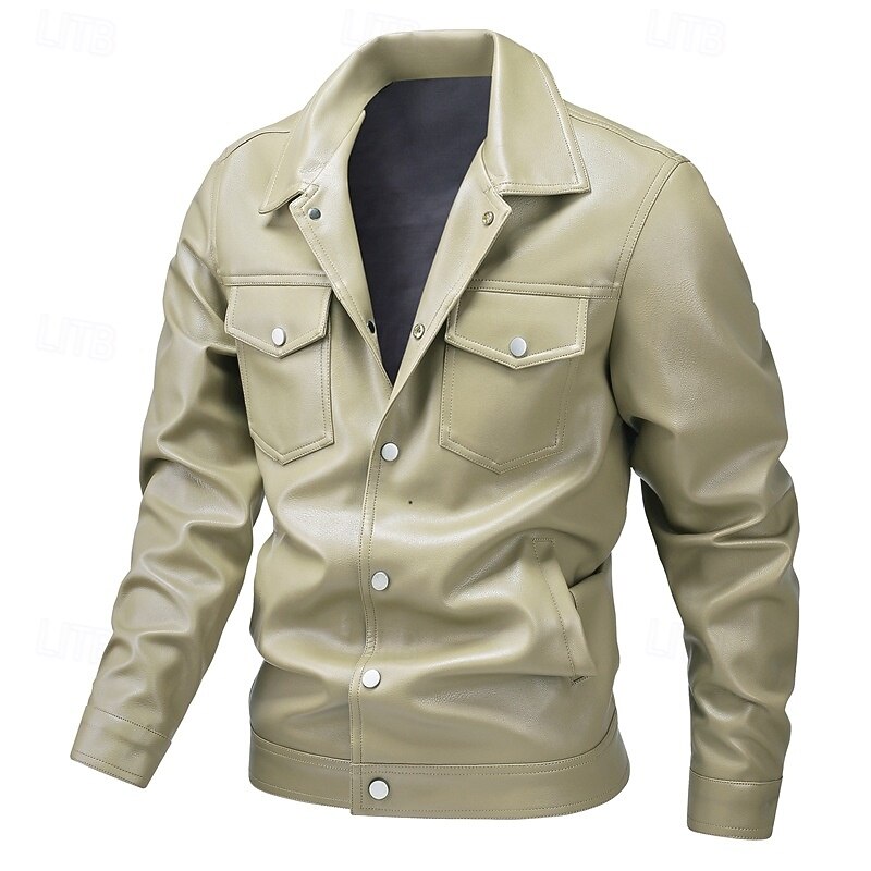 Men's Faux Leather Jacket Motorcycle Jacket Outdoor Casual Windbreaker Minimalist Fall Solid Color Punk Active Regular Black Khaki Jacket4