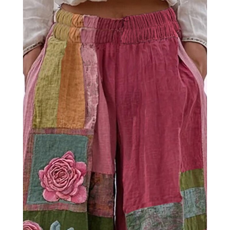 Women's Wide Leg Pants Trousers Palazzo Pants Vintage Boho Full Length High Waist Flower Elastic Waist Printing Breathability Comfortable Street Daily Wear Going out Pinky Spring Fall Regular Fit2