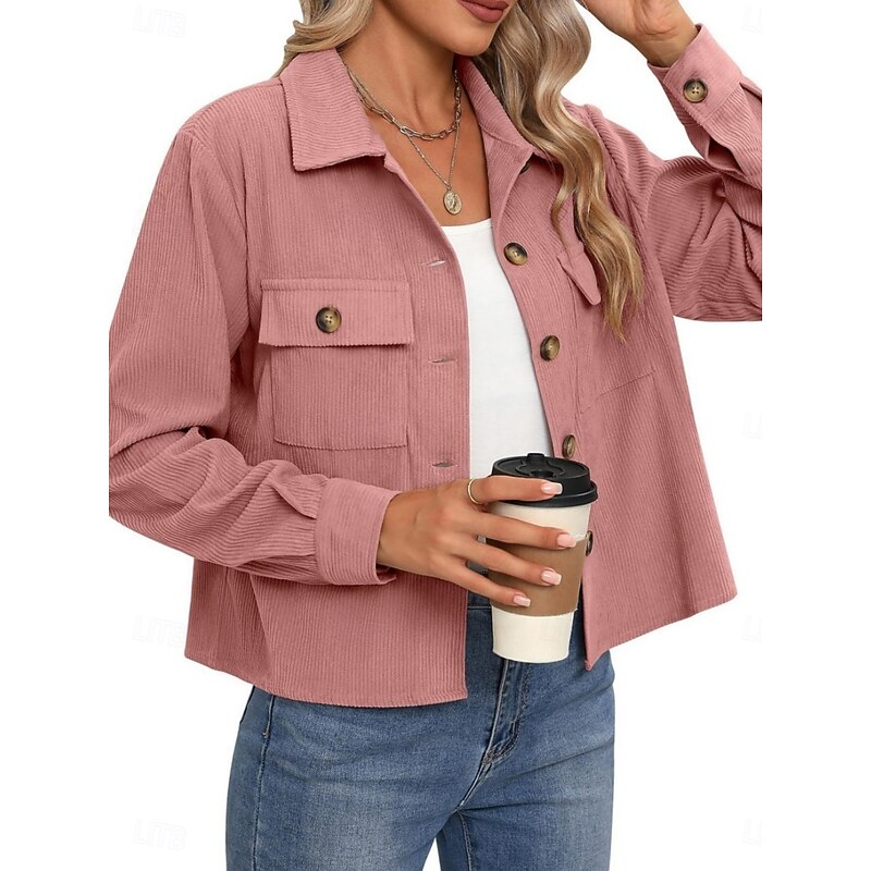 Women's Casual Jacket Comfortable Breathable Pocket Buttons Fashion Casual Plain Vacation Street Casual Daily Wear Single Breasted Short Turndown Regular Fit Long Sleeve Outerwear Black Pink Purple