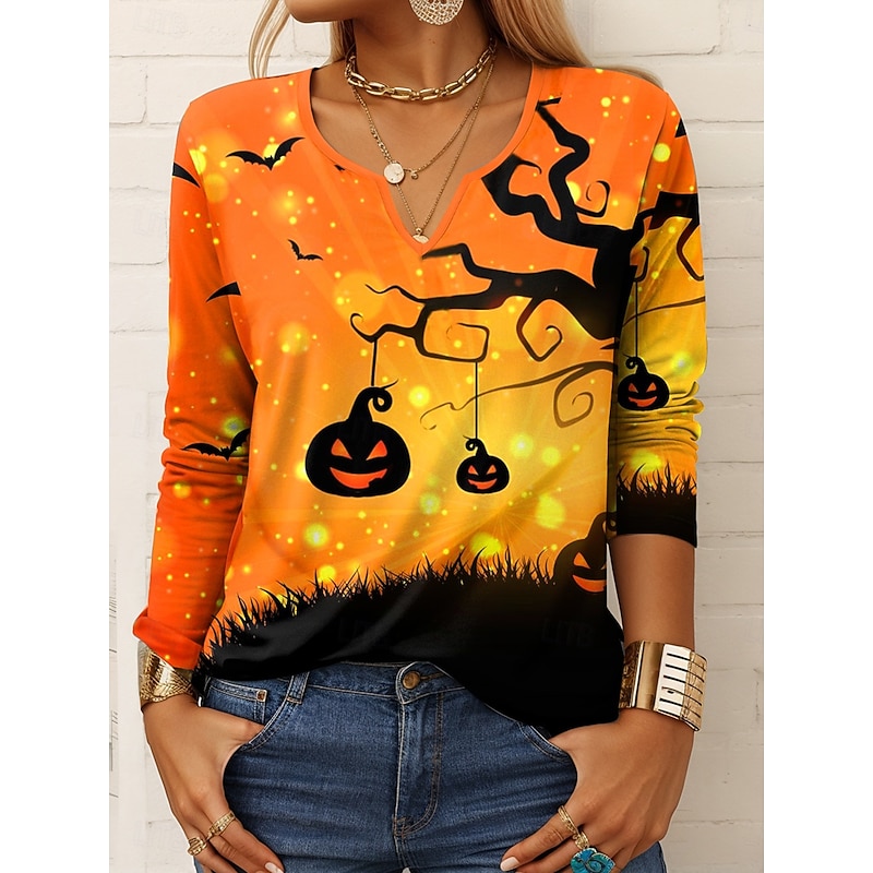 Halloween Women's T shirt Pumpkin Long Sleeve Graphic Vintage Stylish Casual Long Sleeve Notched Neck Regular Tops Daily Print Blue Purple Orange Green Spring Fall Prefall