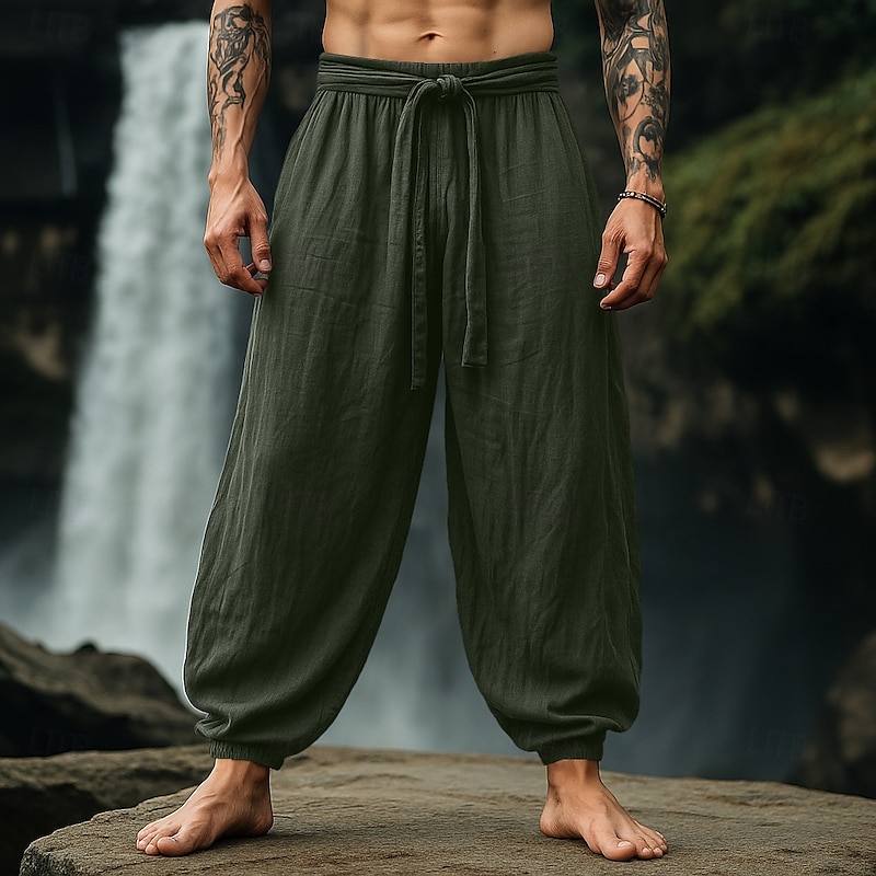 Men's Linen Pants Summer Pants Baggy Pants Elastic Cuff Plain Comfort Breathable Knee Length Outdoor Casual Daily Vacation Vintage Army Green Red Inelastic