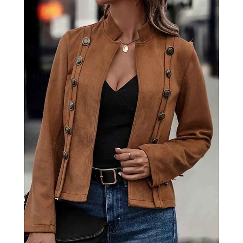 Women's Casual Jacket Comfortable Buttons Active Casual Plain Outdoor Street Holiday Daily Wear Double Breasted Regular Stand Collar Regular Fit Long Sleeve Outerwear Black Brown Fall