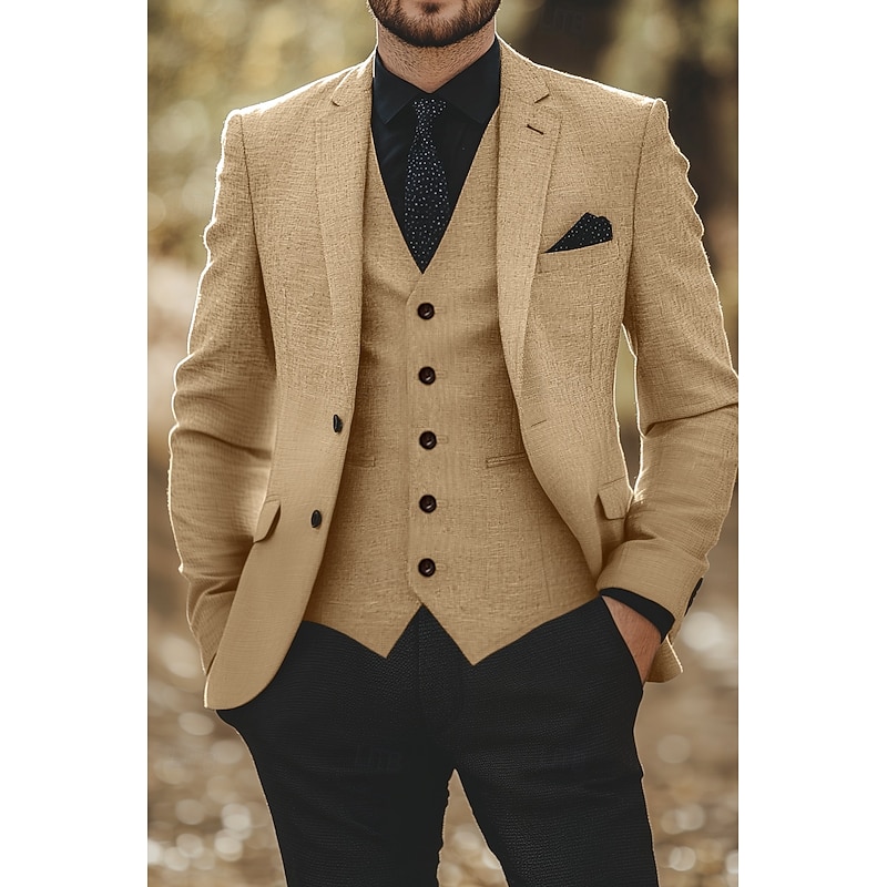 Men's Wedding Business Linen Suits Notch Lapel White Pink Formal Solid Colored Tailored Fit 2 Piece Single Breasted Two-buttons