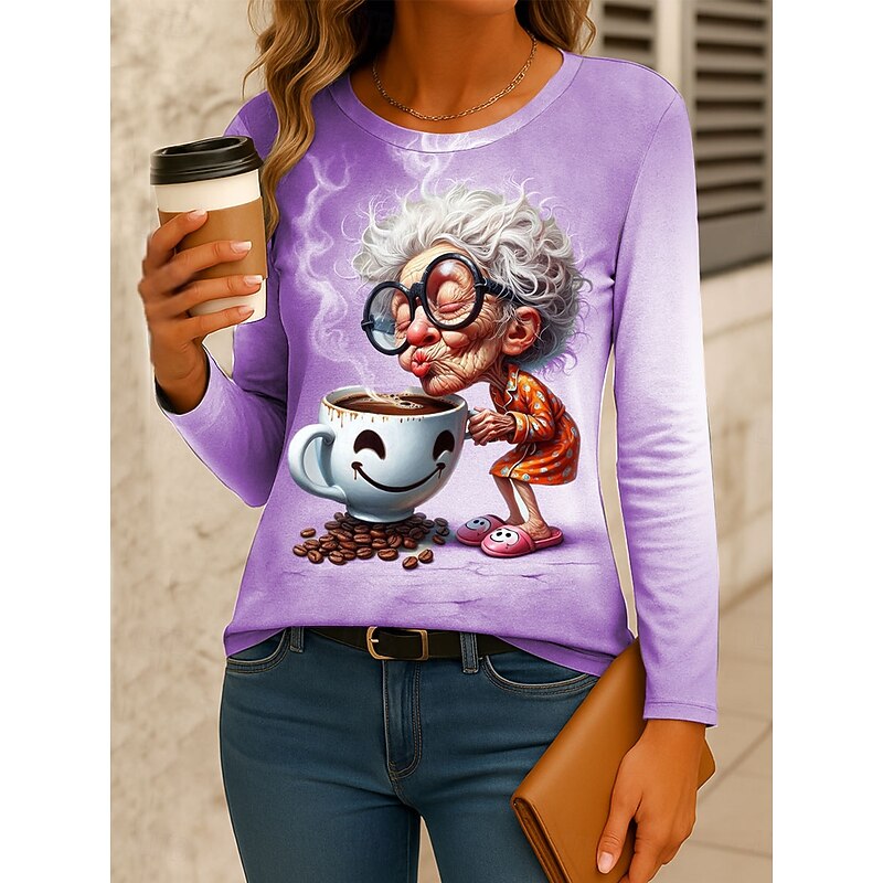 Women's T Shirt Graphic Cartoon Gradient Vintage Stylish Classic Long Sleeve Crew Neck Regular Tops Daily Print Pink Blue Purple Green Gray Spring Fall Winter3