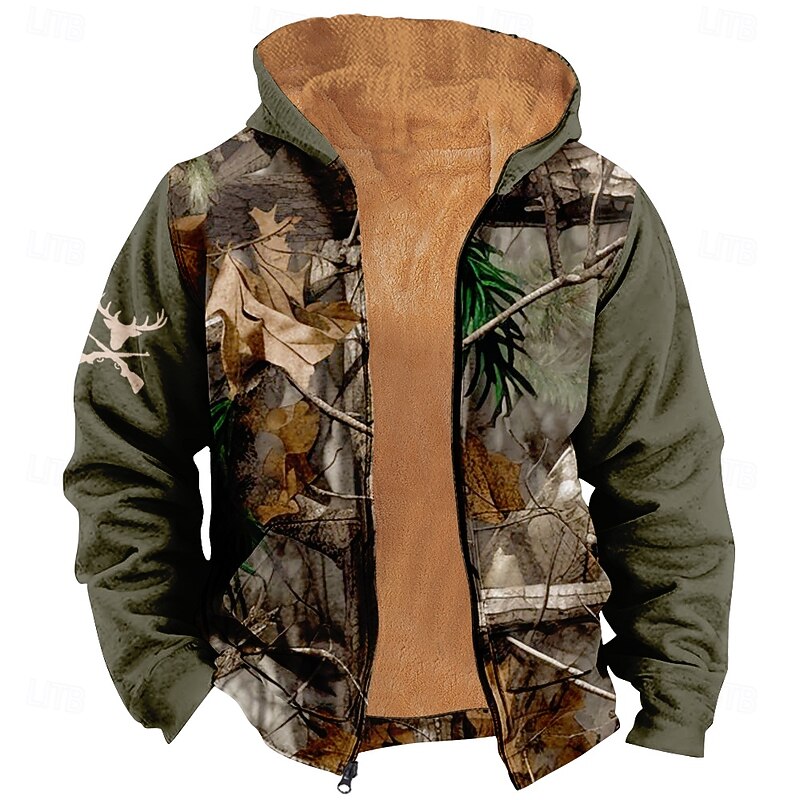 Men's Camo Camouflage Fleece Hoodie Jacket Classic Military Crew Neck Outdoor Camping Black Khaki Zip Up Fall Winter Designer2