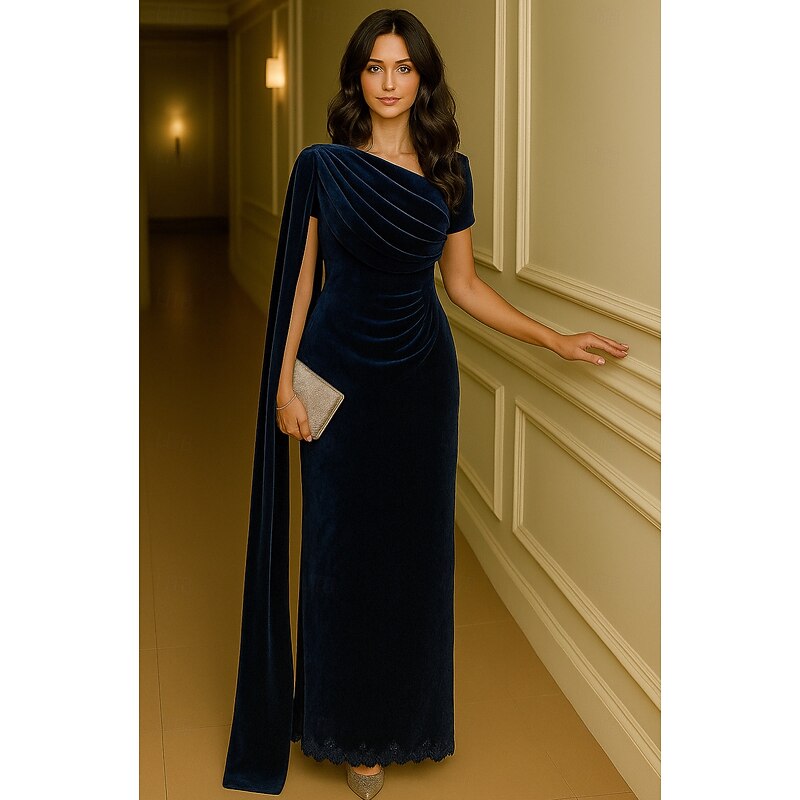 Blue Black Sheath / Column Evening Gown Elegant Dress Formal Wedding Floor Length Long Sleeve Stand Collar Velvet with Pleats 20253
