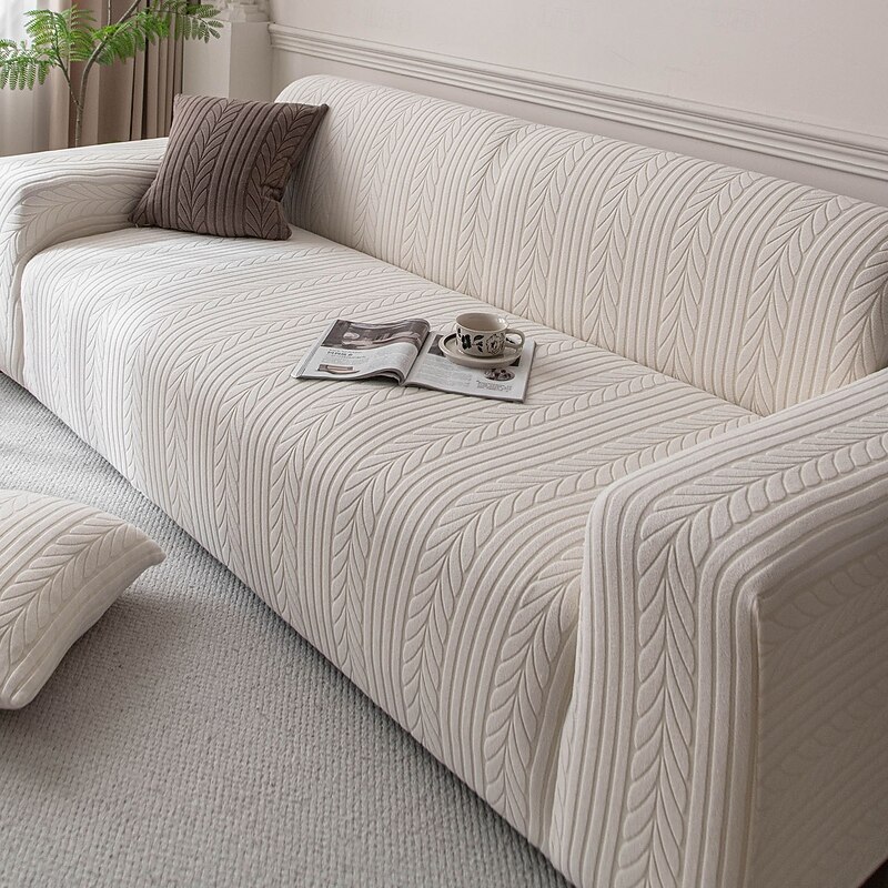 Washable, Elastic 1pc Striped Sofa Cover Anti-Scratch & Non-Slip Couch Protector for All Seasons, Fits Single to Four-Seater Sofas, White Textured Fabric with Herringbone Pattern, Perfect for Living
